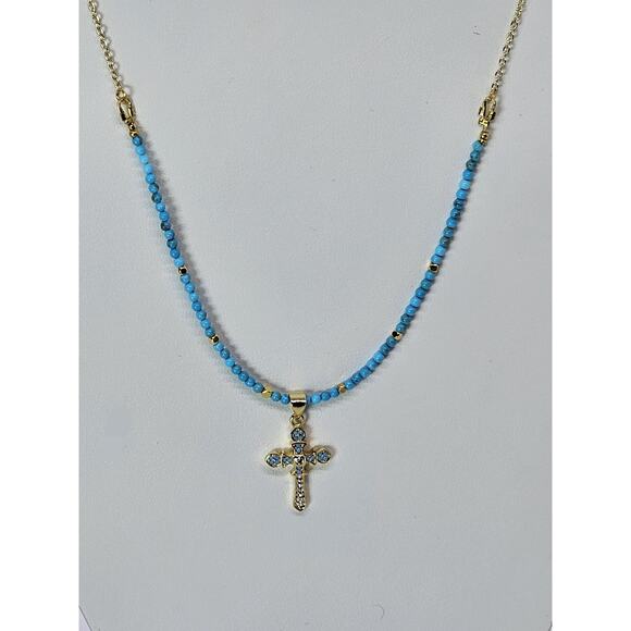 Handmade Blue Turquoise Cross Necklace Choose Gold Plate Adjustable Chain - Picture 7 of 9